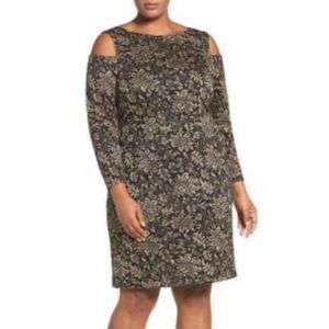 ELIZA J Black & Gold Metallic Knit Cold Shoulder Sheath Dress